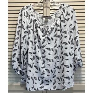 Olivia & Martin Flowy 3/4 Balloon Sleeve Feather Print Blouse Size 1X Boho Tie